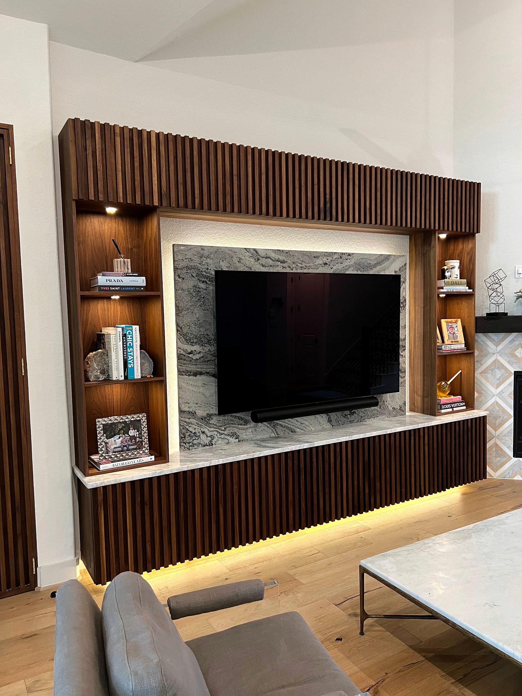 Finished walnut media wall